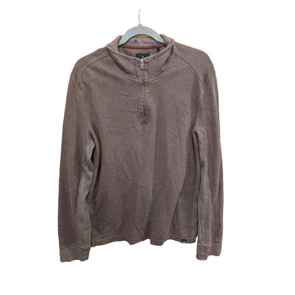 Prana Sweater Men's Large Burgundy ‎ Gray Herringbone 1/4 Zip Pullover Stretch